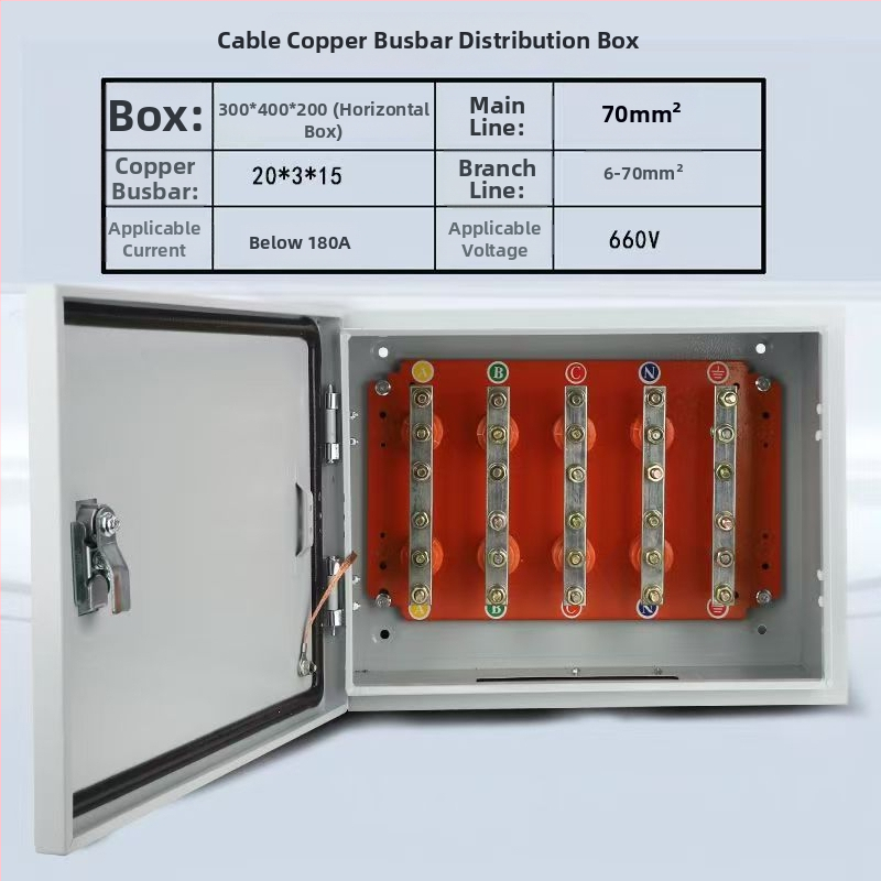 Izoliuota T-jungties dėžė kabeliams su vario šina, sieninis montavimas, IP40, korpusas iš šaltai valcuoto plieno plokštės, pagal užsakymą