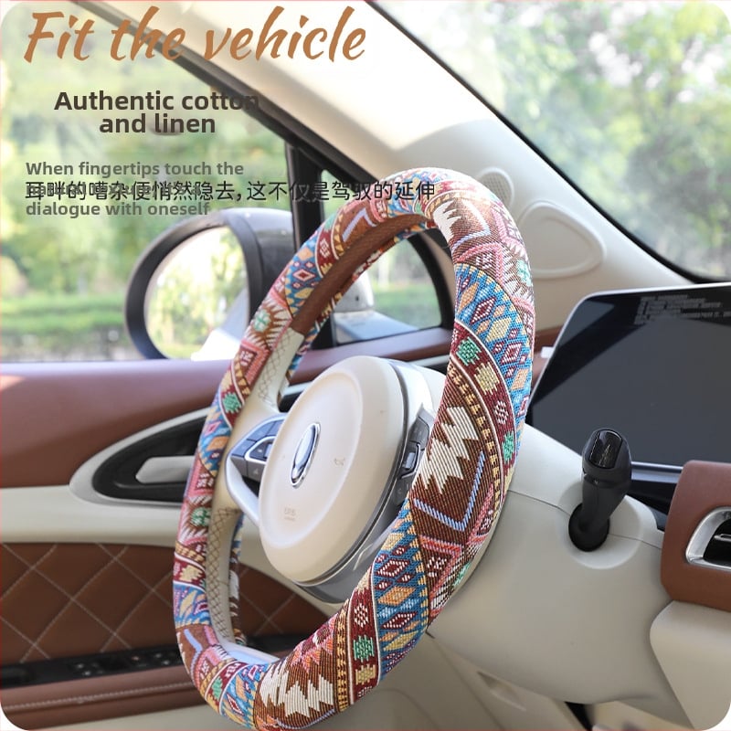 Κάλυμμα τιμονιού με εθνοτικούς μοτίβους – επιφάνεια από βαμβανο-λινό, καθολική εφαρμογή, για όλες τις εποχές, απλός σχεδιασμός