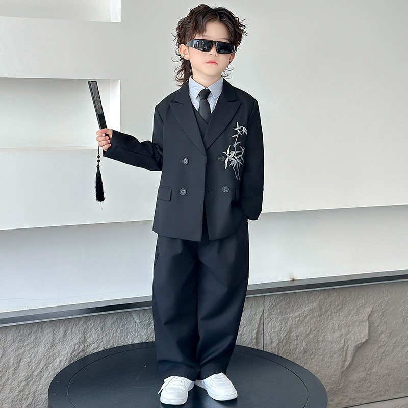 Детски костюм в китайски стил за момчета, двуреден сако, полиестер, за пиано изпълнения, пролет-есен, възраст 3–8 години