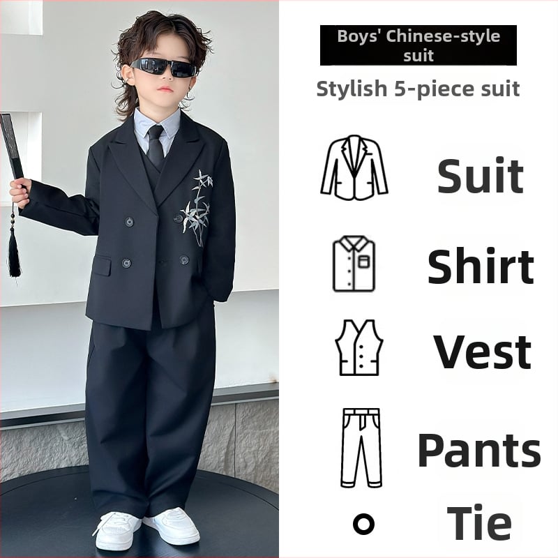 Детски костюм в китайски стил за момчета, двуреден сако, полиестер, за пиано изпълнения, пролет-есен, възраст 3–8 години