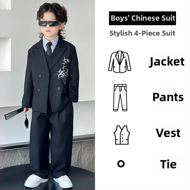 Детски костюм в китайски стил за момчета, двуреден сако, полиестер, за пиано изпълнения, пролет-есен, възраст 3–8 години