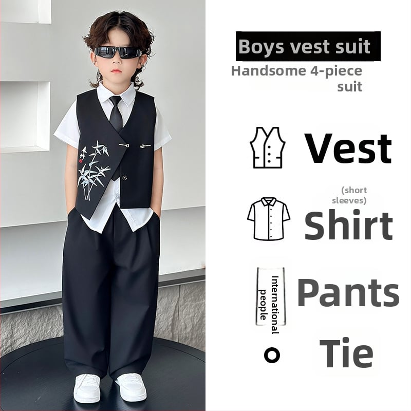 Детски костюм в китайски стил за момчета, двуреден сако, полиестер, за пиано изпълнения, пролет-есен, възраст 3–8 години