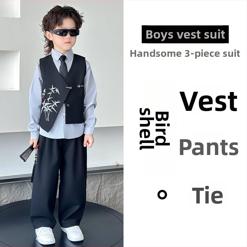 Детски костюм в китайски стил за момчета, двуреден сако, полиестер, за пиано изпълнения, пролет-есен, възраст 3–8 години