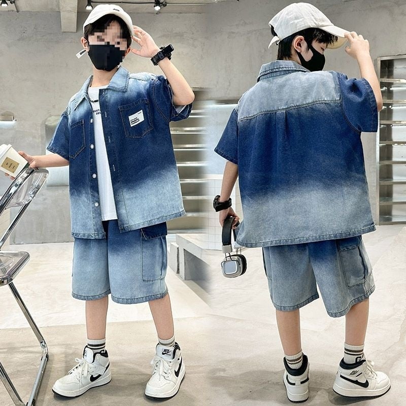 Zēnu vasaras kostīms, divu daļu komplekts, krekls ar īsām piedurknēm, casual stils