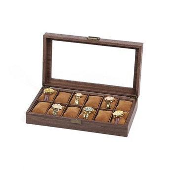 Medžio rašto PU odos laikrodžių dėžutė, 10 skyrių, dangtelis su spyna