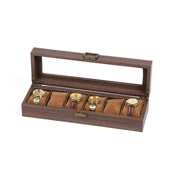 Medžio rašto PU odos laikrodžių dėžutė, 10 skyrių, dangtelis su spyna