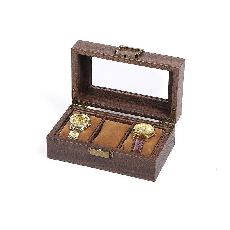 Medžio rašto PU odos laikrodžių dėžutė, 10 skyrių, dangtelis su spyna