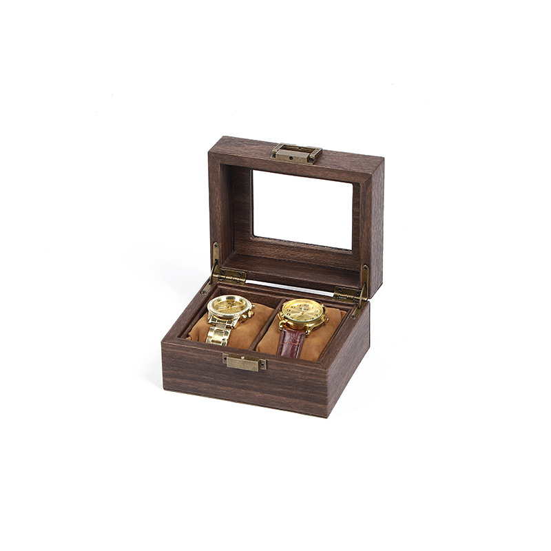 Medžio rašto PU odos laikrodžių dėžutė, 10 skyrių, dangtelis su spyna