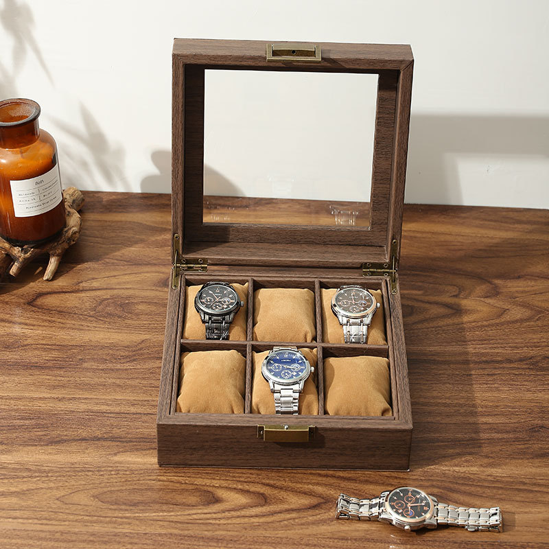 Medžio rašto PU odos laikrodžių dėžutė, 10 skyrių, dangtelis su spyna