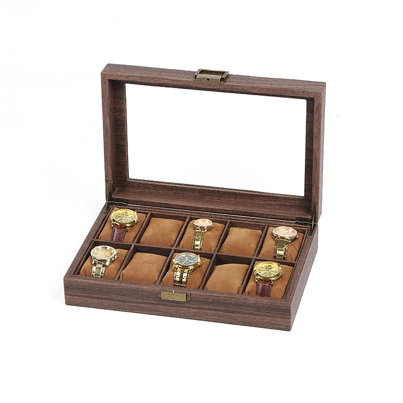 Medžio rašto PU odos laikrodžių dėžutė, 10 skyrių, dangtelis su spyna
