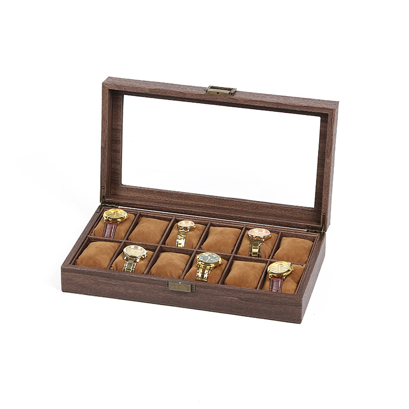 Medžio rašto PU odos laikrodžių dėžutė, 10 skyrių, dangtelis su spyna
