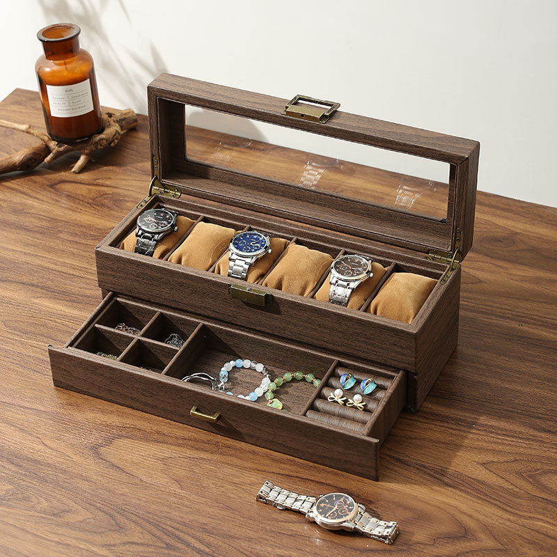 Medžio rašto PU odos laikrodžių dėžutė, 10 skyrių, dangtelis su spyna