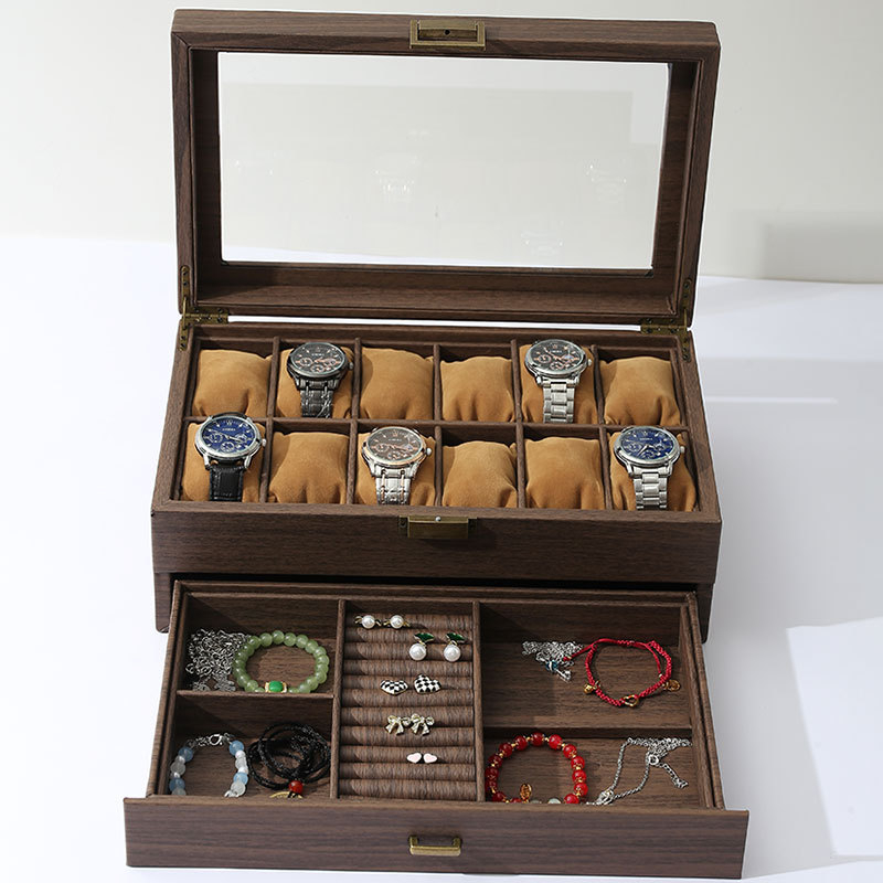 Medžio rašto PU odos laikrodžių dėžutė, 10 skyrių, dangtelis su spyna