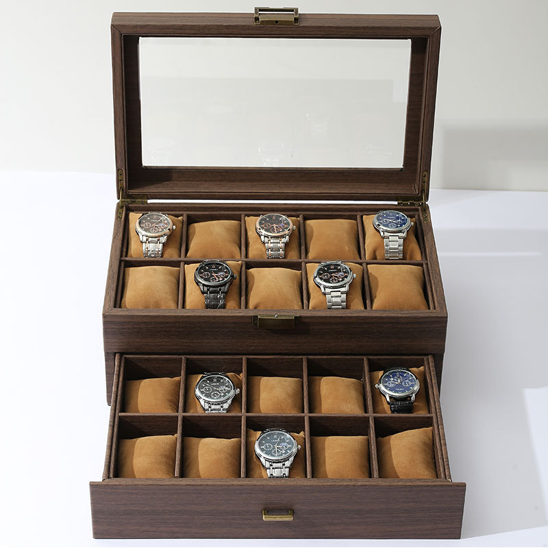 Medžio rašto PU odos laikrodžių dėžutė, 10 skyrių, dangtelis su spyna