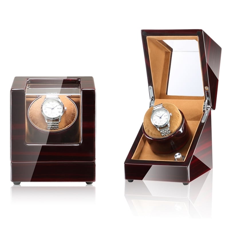 Automatinis laikrodžių vyniojimo dėklas su saugykla ir ekspozicija; masyvus medinis korpusas; PU odos vidus; flanelė; pianino danga; akrilinis stiklas; rankų poliravimas