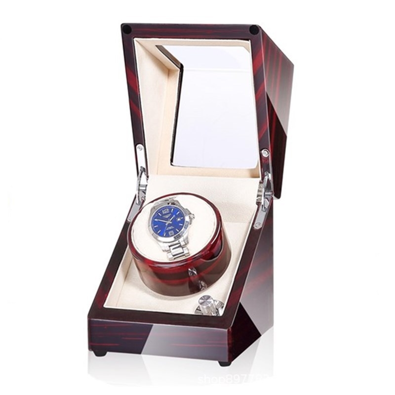 Automatinis laikrodžių vyniojimo dėklas su saugykla ir ekspozicija; masyvus medinis korpusas; PU odos vidus; flanelė; pianino danga; akrilinis stiklas; rankų poliravimas