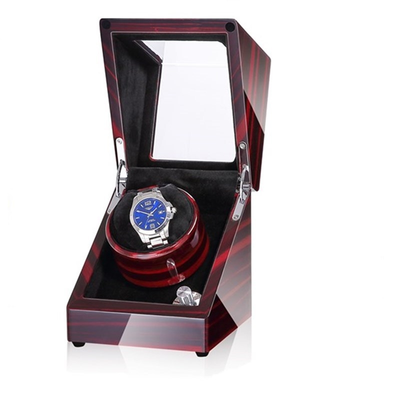 Automatinis laikrodžių vyniojimo dėklas su saugykla ir ekspozicija; masyvus medinis korpusas; PU odos vidus; flanelė; pianino danga; akrilinis stiklas; rankų poliravimas