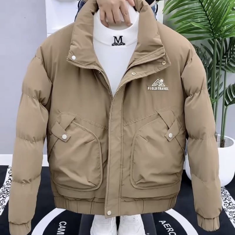 Meeste kapuutsiga jakk, seisev kaelusega, villane kangas, linane vooder, tikand