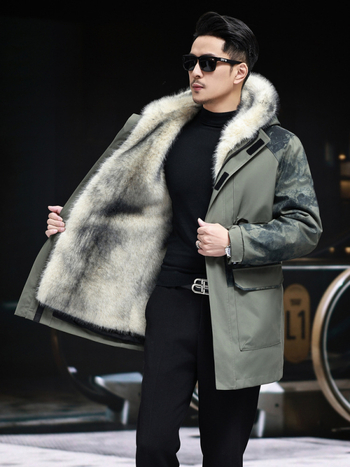 Mētelis ar noņemamu norku kažokādas odere, bieza ziemas jaka ar rāvējslēdzēju, brīvs piegriezums