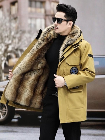 Mētelis ar noņemamu norku kažokādas odere, bieza ziemas jaka ar rāvējslēdzēju, brīvs piegriezums