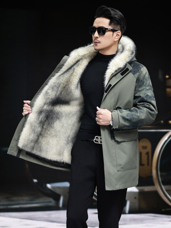 Mētelis ar noņemamu norku kažokādas odere, bieza ziemas jaka ar rāvējslēdzēju, brīvs piegriezums