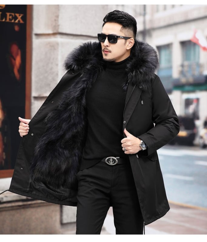 Mētelis ar noņemamu norku kažokādas odere, bieza ziemas jaka ar rāvējslēdzēju, brīvs piegriezums