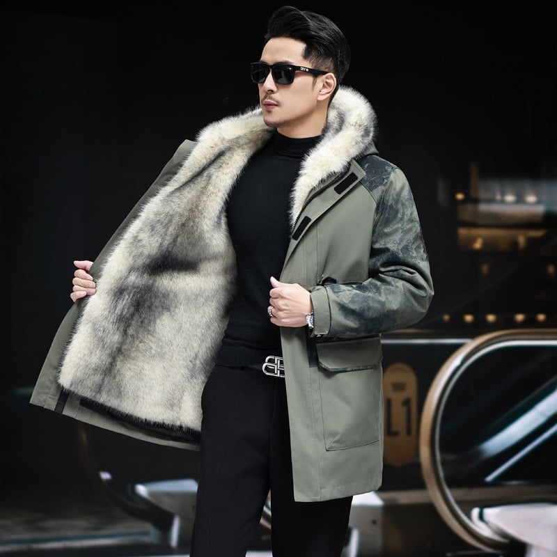 Mētelis ar noņemamu norku kažokādas odere, bieza ziemas jaka ar rāvējslēdzēju, brīvs piegriezums
