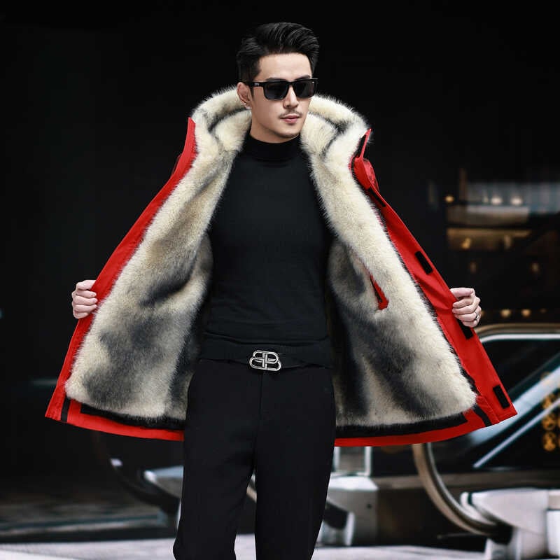 Mētelis ar noņemamu norku kažokādas odere, bieza ziemas jaka ar rāvējslēdzēju, brīvs piegriezums