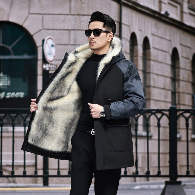 Mētelis ar noņemamu norku kažokādas odere, bieza ziemas jaka ar rāvējslēdzēju, brīvs piegriezums