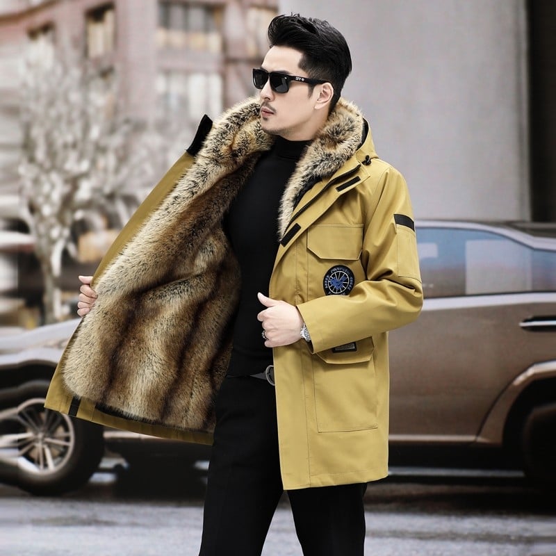 Mētelis ar noņemamu norku kažokādas odere, bieza ziemas jaka ar rāvējslēdzēju, brīvs piegriezums