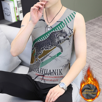 Vīriešu ziemas reversīvā samta termo veste ar džakarda rakstu, V kaklu, bez piedurknēm, bieza poliestera šķiedra