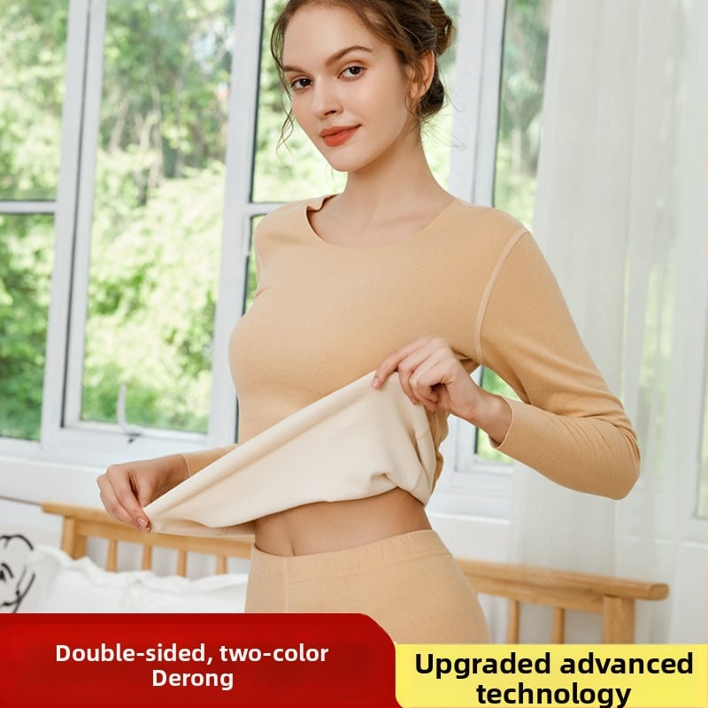 Ženski bešavni termalni set s veluru unutrašnjim slojem, poliester, 201–250 g/m²; grijanje i oblikovanje tijela (kontrola trbuha, podizanje stražnjice); gornji dio s okruglim izrezom, dugi rukavi, hlače.