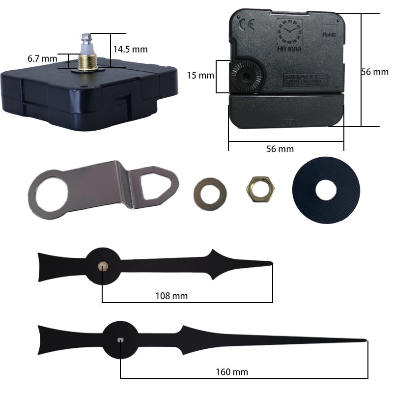 Kvarcinis sieninis laikrodžio mechanizmo komplektas su plastiniu korpusu, spauda logotipas, apdorojimo pritaikymas, pakuotė 500 vnt