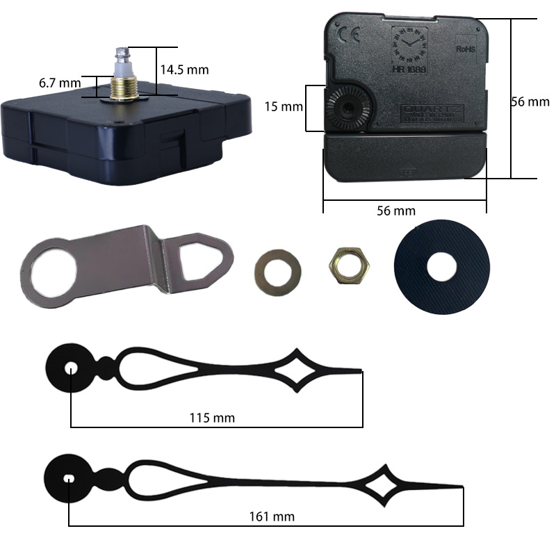Kvarcinis sieninis laikrodžio mechanizmo komplektas su plastiniu korpusu, spauda logotipas, apdorojimo pritaikymas, pakuotė 500 vnt
