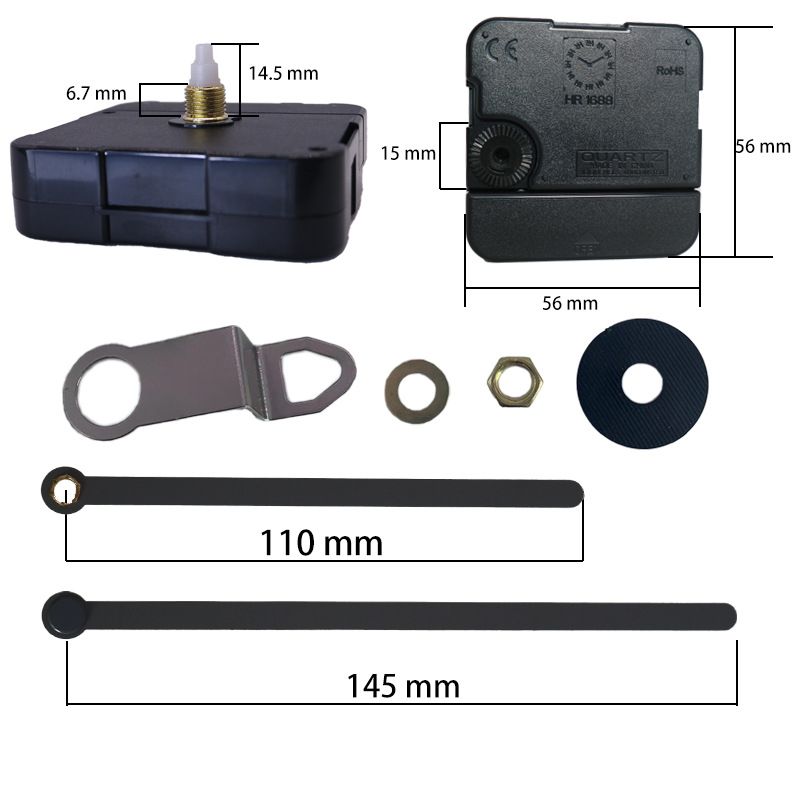 Kvarcinis sieninis laikrodžio mechanizmo komplektas su plastiniu korpusu, spauda logotipas, apdorojimo pritaikymas, pakuotė 500 vnt