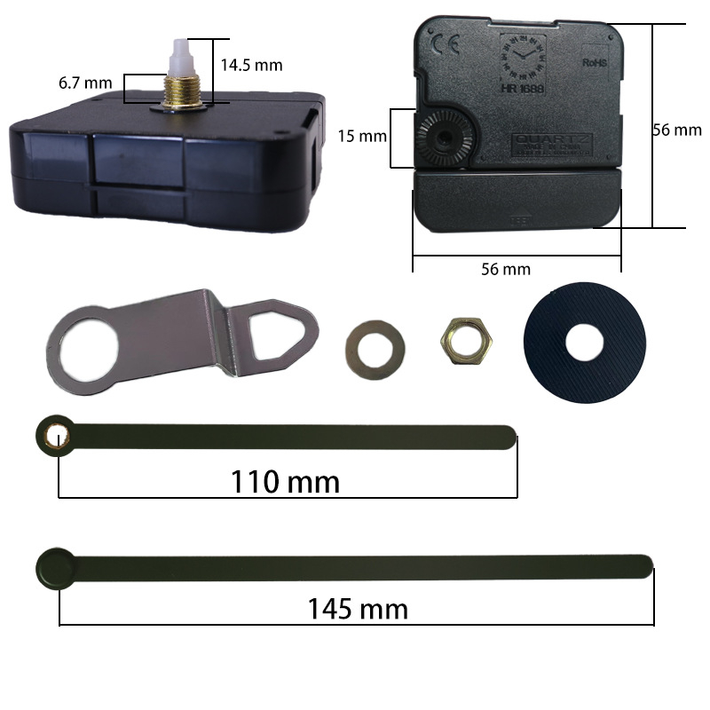 Kvarcinis sieninis laikrodžio mechanizmo komplektas su plastiniu korpusu, spauda logotipas, apdorojimo pritaikymas, pakuotė 500 vnt