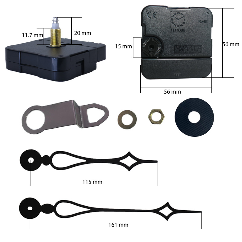 Kvarcinis sieninis laikrodžio mechanizmo komplektas su plastiniu korpusu, spauda logotipas, apdorojimo pritaikymas, pakuotė 500 vnt
