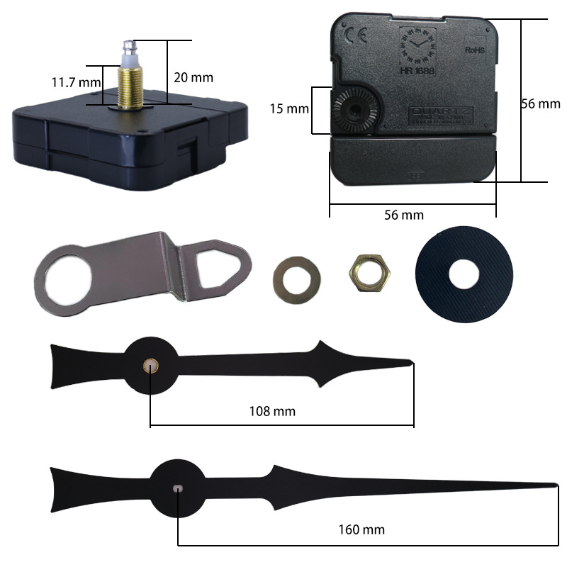Kvarcinis sieninis laikrodžio mechanizmo komplektas su plastiniu korpusu, spauda logotipas, apdorojimo pritaikymas, pakuotė 500 vnt