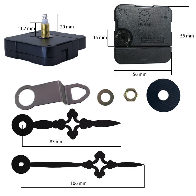 Kvarcinis sieninis laikrodžio mechanizmo komplektas su plastiniu korpusu, spauda logotipas, apdorojimo pritaikymas, pakuotė 500 vnt