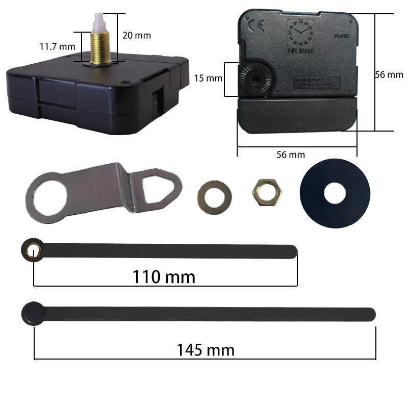 Kvarcinis sieninis laikrodžio mechanizmo komplektas su plastiniu korpusu, spauda logotipas, apdorojimo pritaikymas, pakuotė 500 vnt