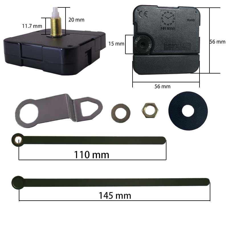 Kvarcinis sieninis laikrodžio mechanizmo komplektas su plastiniu korpusu, spauda logotipas, apdorojimo pritaikymas, pakuotė 500 vnt