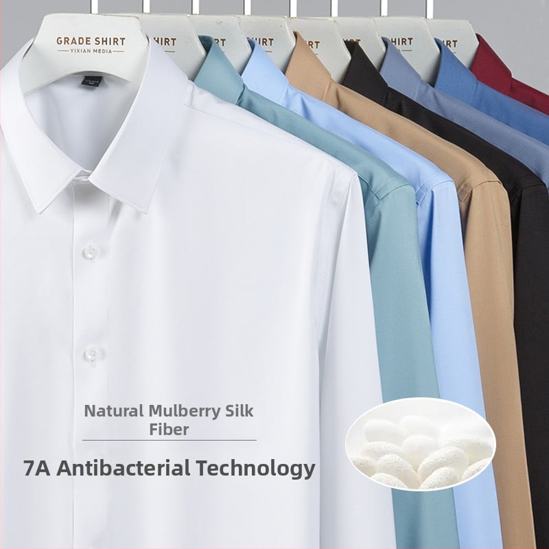 Vīriešu krekls no Bamboo fiber un Mulberry silk, antibakteriāls, bez gludināšanas, garas piedurknes, kvadrātveida apkakle, pieguļošs siluets, vienkrāsains, biznesa stils