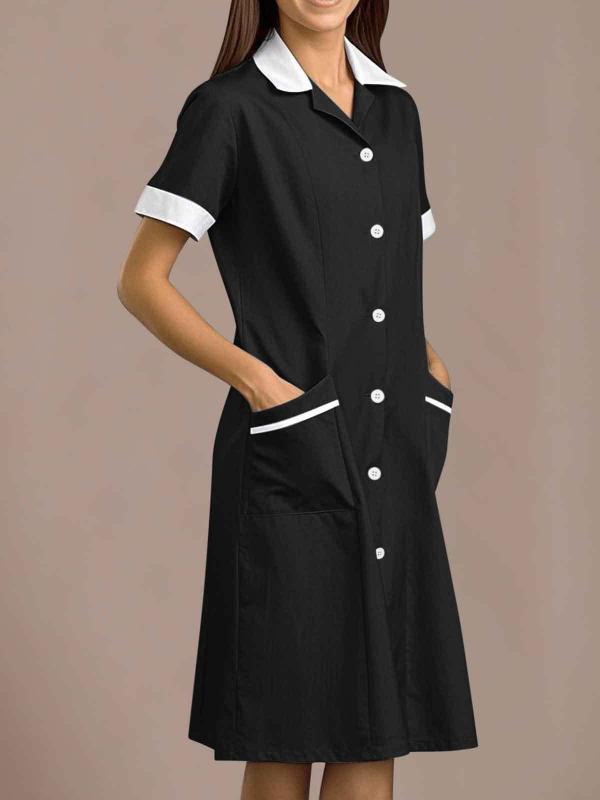 Ruha reverrel, poliészter–elasztán keverék, rövid ujjú, középméretű hossz, intellektuális stílus, nyár 2025