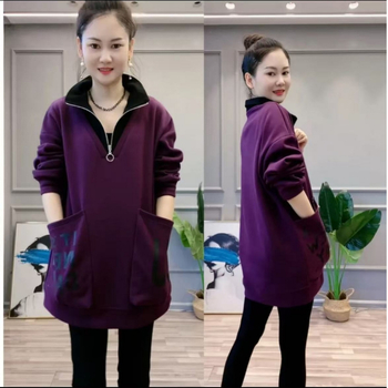 Ženska hoodica s kapuljom, opuštena silueta, srednja duljina do kukova, stojeći ovratnik, velika džep, dugi rukavi, japansko-korejski casual stil, lažni dvodijelni izgled, proljeće-jesen 2025
