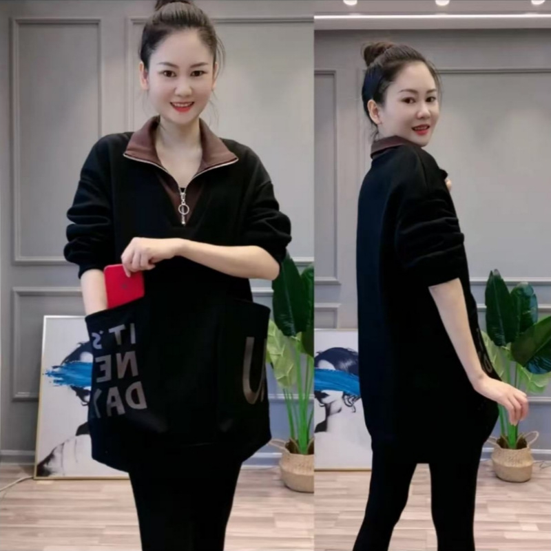 Ženska hoodica s kapuljom, opuštena silueta, srednja duljina do kukova, stojeći ovratnik, velika džep, dugi rukavi, japansko-korejski casual stil, lažni dvodijelni izgled, proljeće-jesen 2025