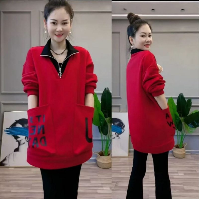 Ženska hoodica s kapuljom, opuštena silueta, srednja duljina do kukova, stojeći ovratnik, velika džep, dugi rukavi, japansko-korejski casual stil, lažni dvodijelni izgled, proljeće-jesen 2025
