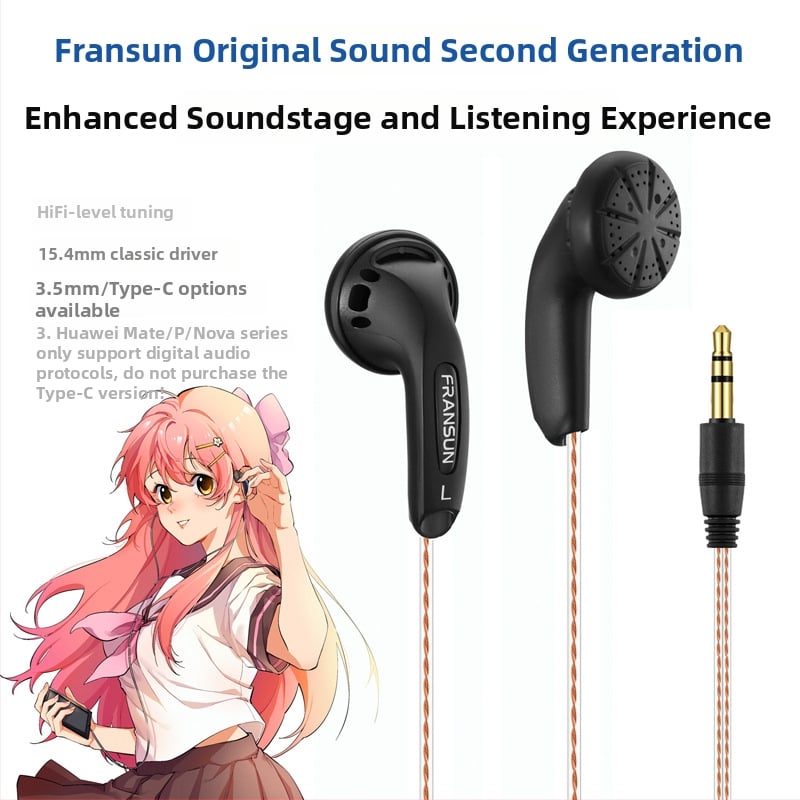 Fransun ausinės su ausų kištuku, antra karta, 3,5 mm tiesioginis kištukas, sidabru dengtas variniai laidai, 32 Ω, HiFi 20 Hz–20 kHz