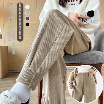 Grūtnieču Chenille bikses ar sānu auklu, brīvs Harem-Carrot stils, bieza fleece iekšpuse, pavasaris–rudens