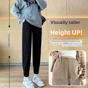 Grūtnieču Chenille bikses ar sānu auklu, brīvs Harem-Carrot stils, bieza fleece iekšpuse, pavasaris–rudens