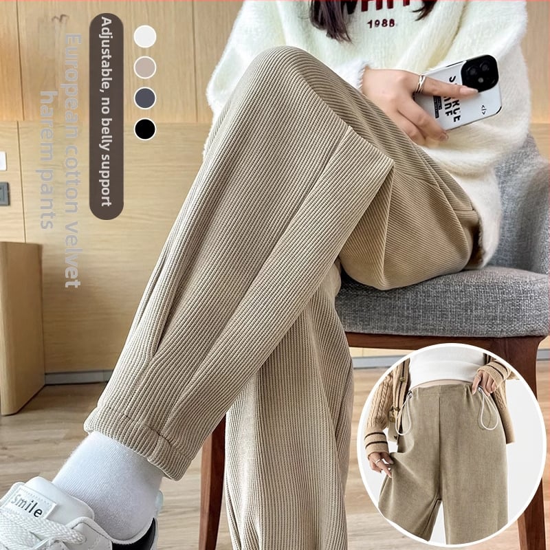 Grūtnieču Chenille bikses ar sānu auklu, brīvs Harem-Carrot stils, bieza fleece iekšpuse, pavasaris–rudens